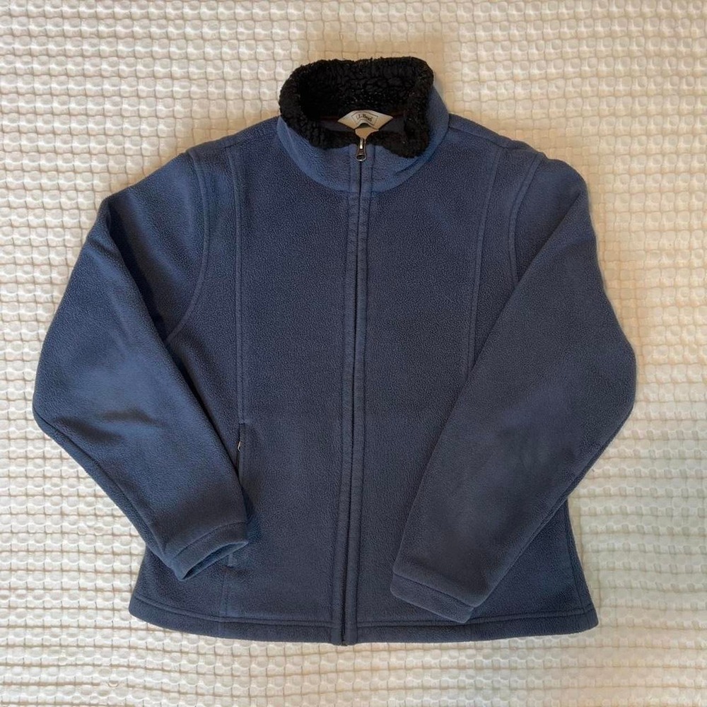 L.L.Bean Women's S Blue Full Zip Short Jacket w/ Pockets Faux Fur Collar